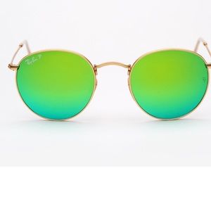 Ray Ban Round Metal-Gold Green Mirror Pola…